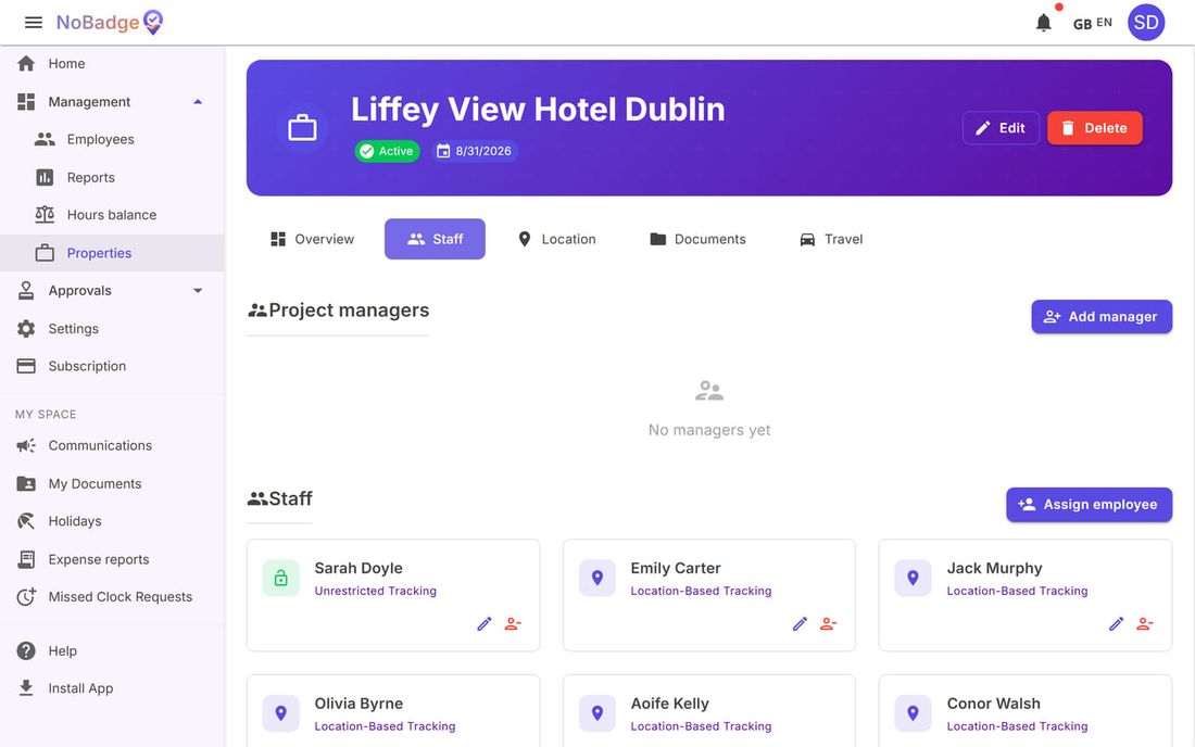 Site Staff tab with Add manager, Assign employee and the assigned people