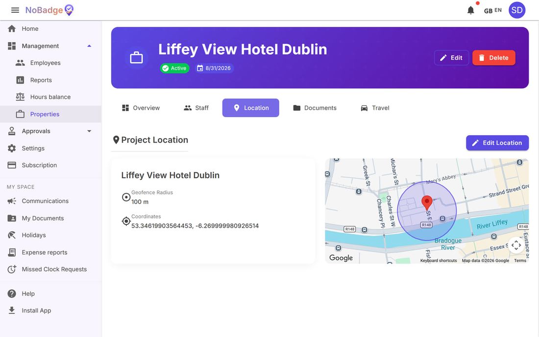 Location tab: 100-metre radius, coordinates and map with the clock-in area