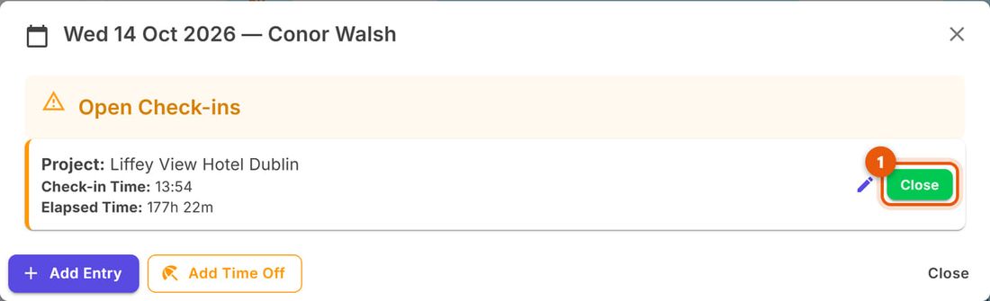 Details of 14 October for Conor Walsh with the open clock-in and the Close button
