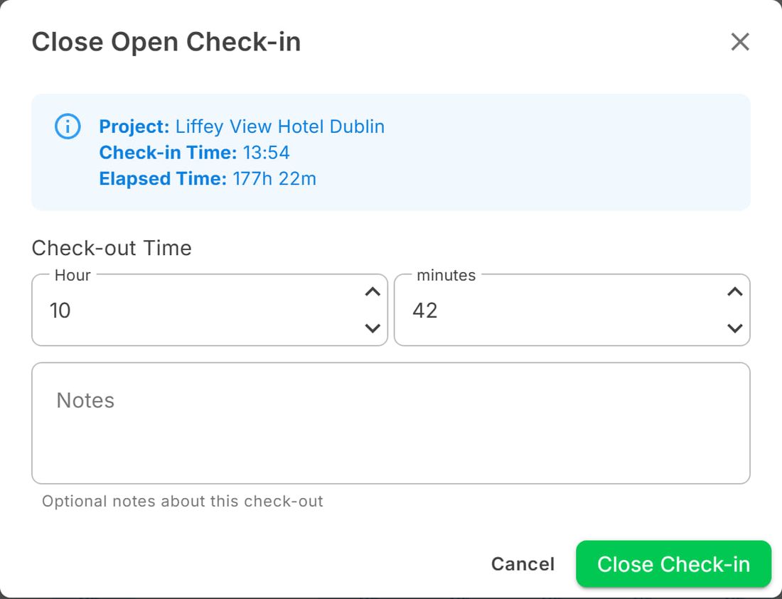 Close Open Check-in window with the check-out time and notes