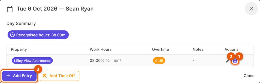 Details of 6 October for Sean Ryan: 8h recognised, 1h15 overtime, calculation and edit icons