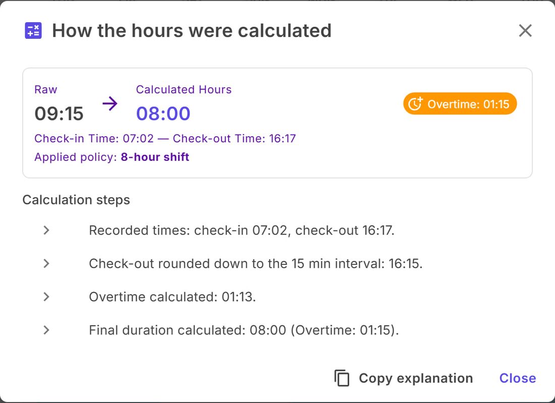 How the hours were calculated: raw 9:15, calculated 8:00, overtime 1:15 and the calculation steps