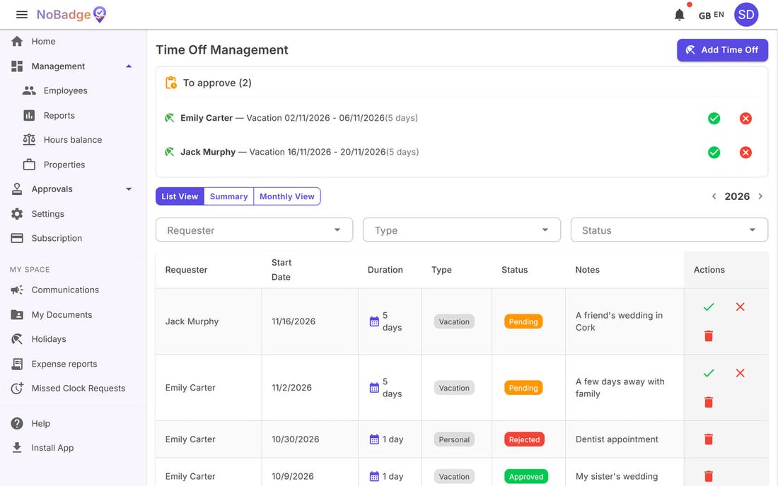 Holidays Management with two requests to approve and the history