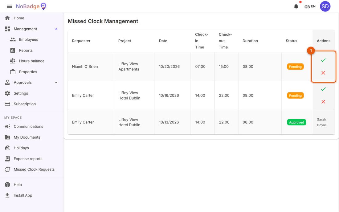 Missed Clock Management with Niamh O'Brien's request for 20 October
