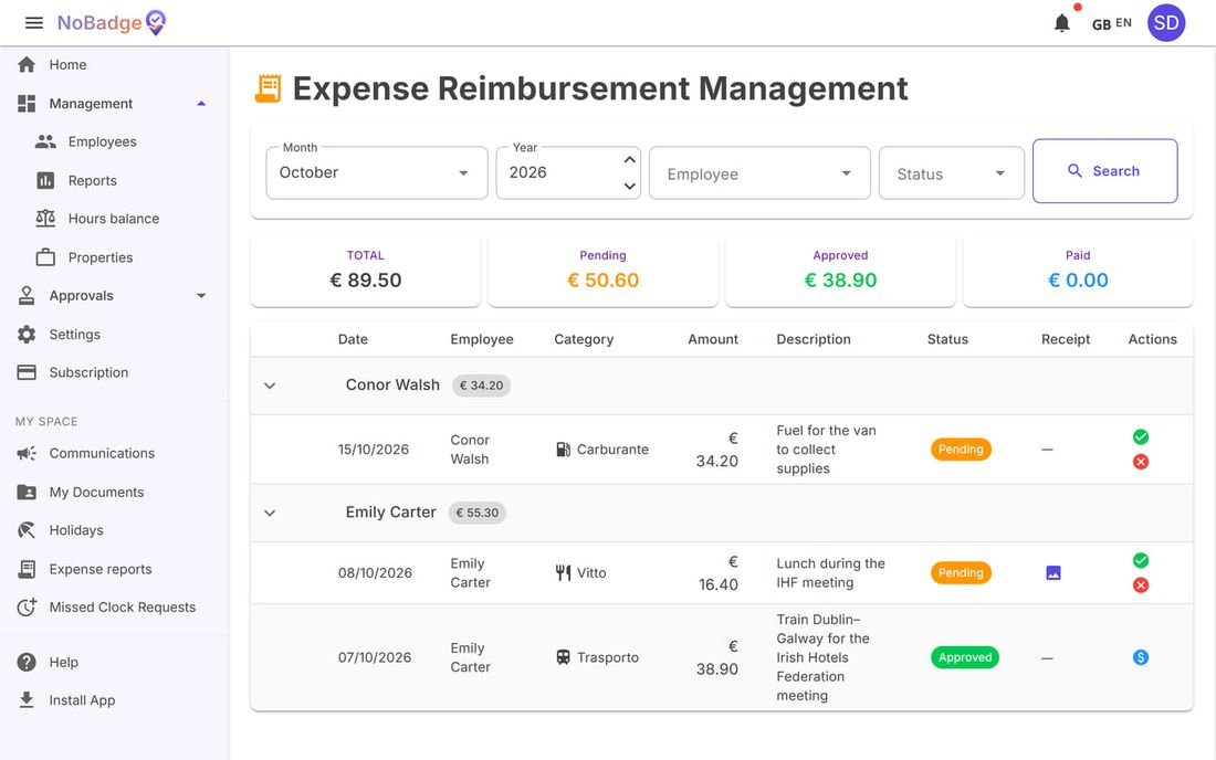 Expense Reimbursement Management for October with pending and approved expenses
