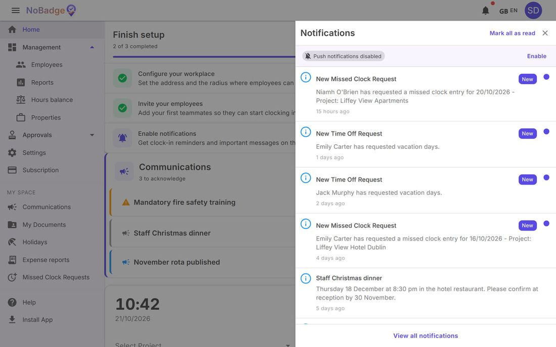 Notifications panel with holiday and missed clock-in requests