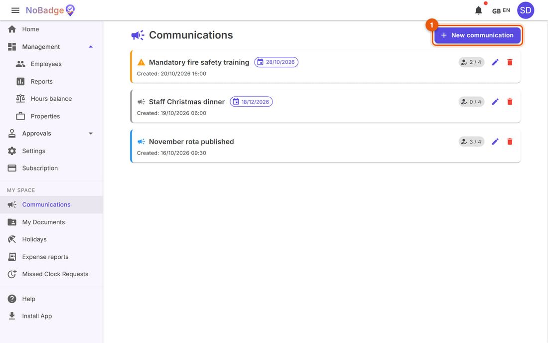 Administrator's Communications with the New communication button and read confirmations
