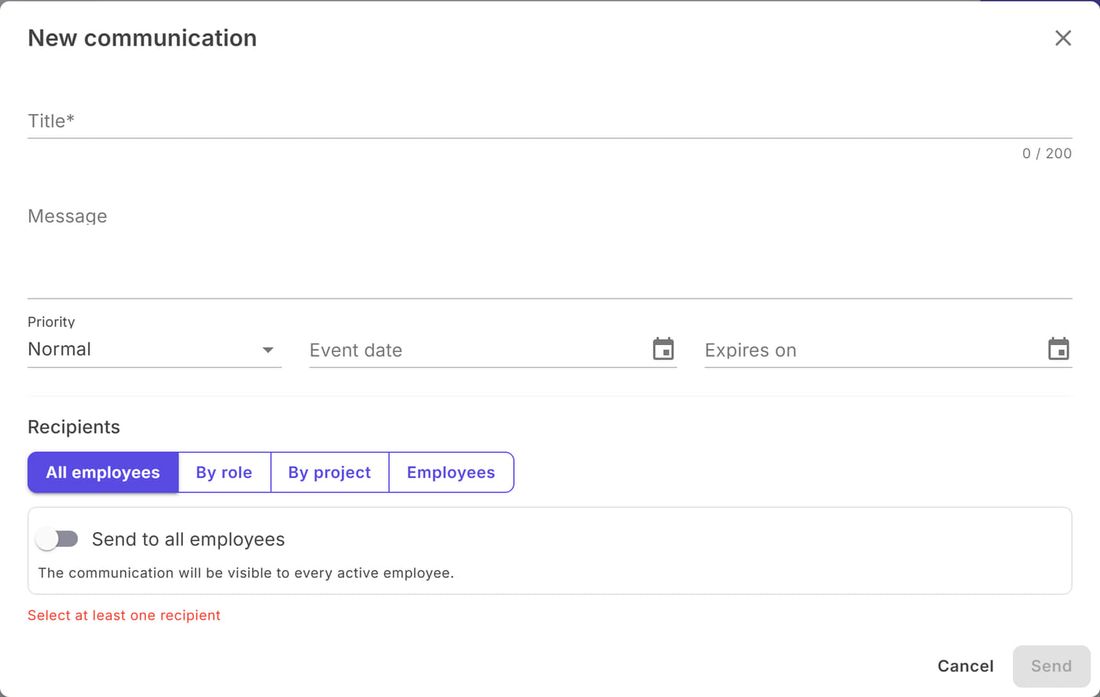 New communication window with title, message, priority, dates and recipients