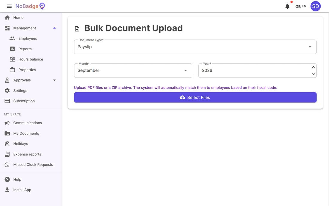 Bulk Document Upload: type, month, year and Select Files