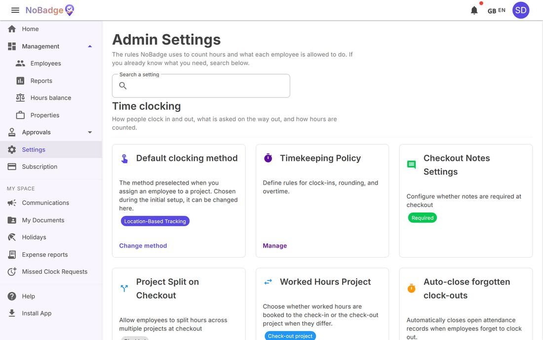 Admin Settings, clock-in section
