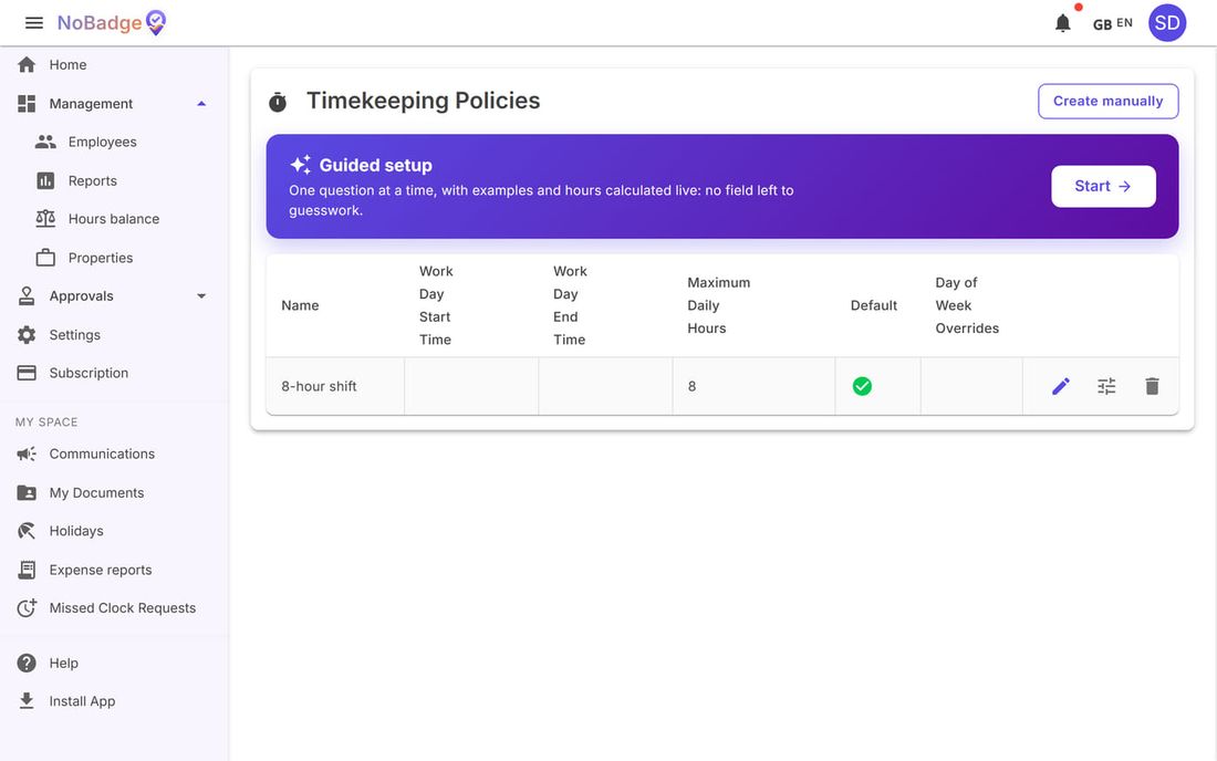 Timekeeping Policies with the default 8-hour shift rule and Guided setup