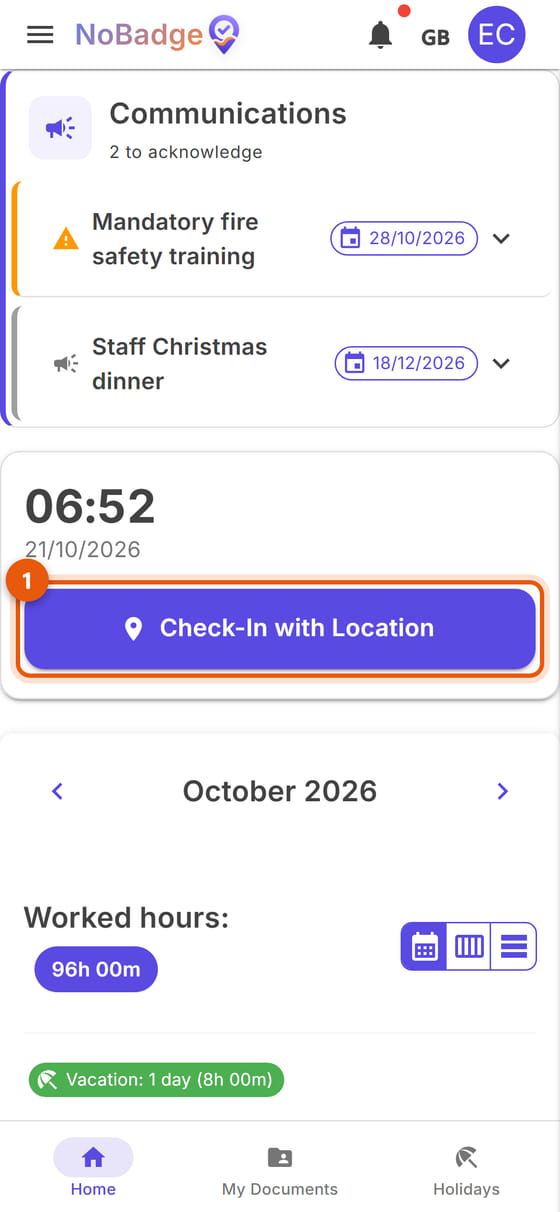 Home before clocking in, with the Check-In with Location button