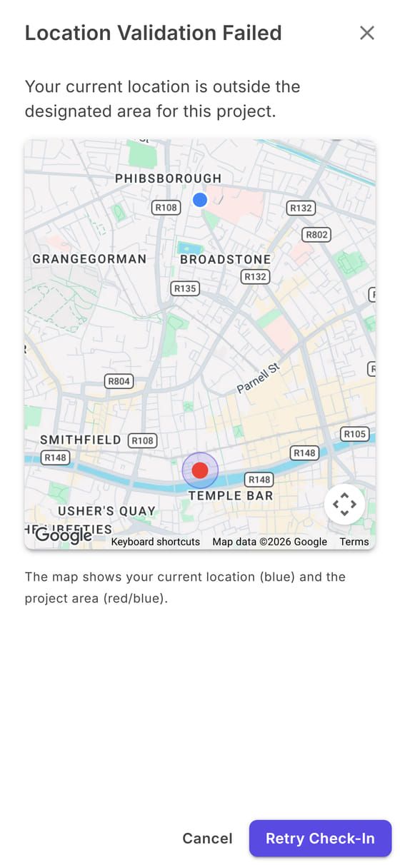 Location Validation Failed: the map with your position and the workplace area