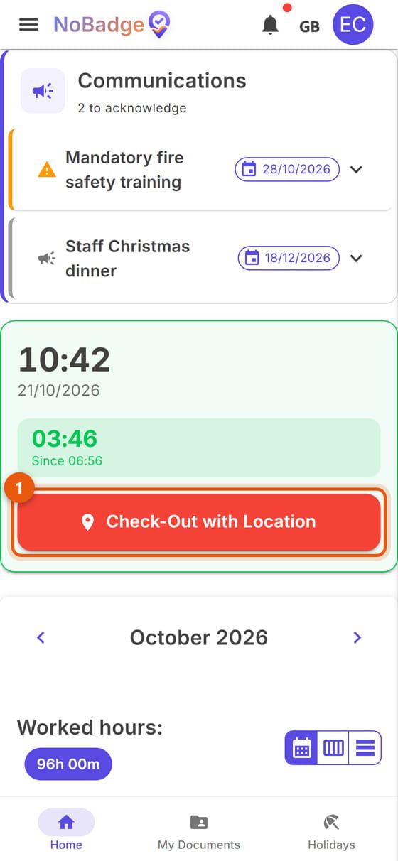 Home during the shift, with the time worked and the Check-Out with Location button