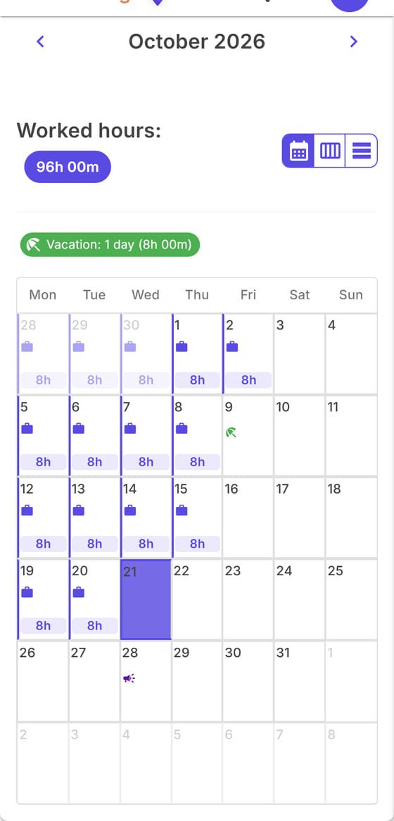 October calendar with the hours for each day
