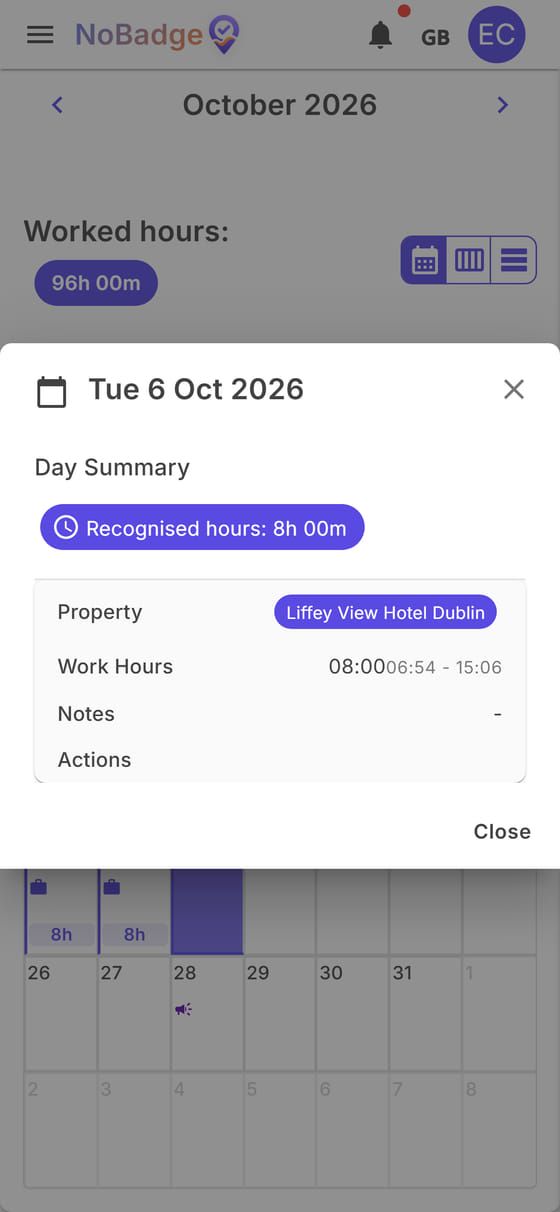 Details of 6 October: 8h 00m recognised, times 06:54–15:06
