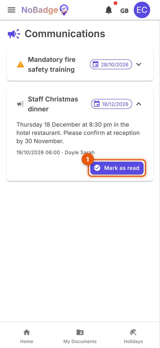 Open announcement with the Mark as read button