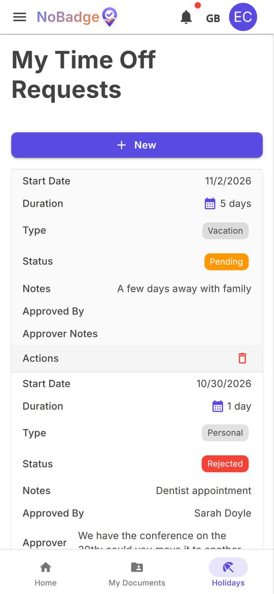 My Time Off Requests with a rejected day off and a pending holiday