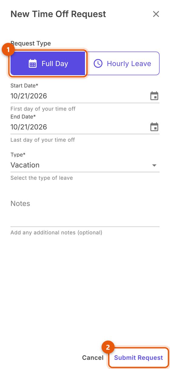 New request, full day: dates, type and notes