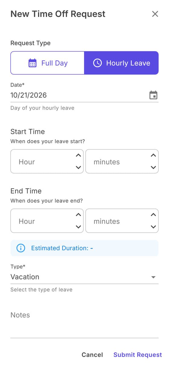 New request, hourly leave: date, start and end time