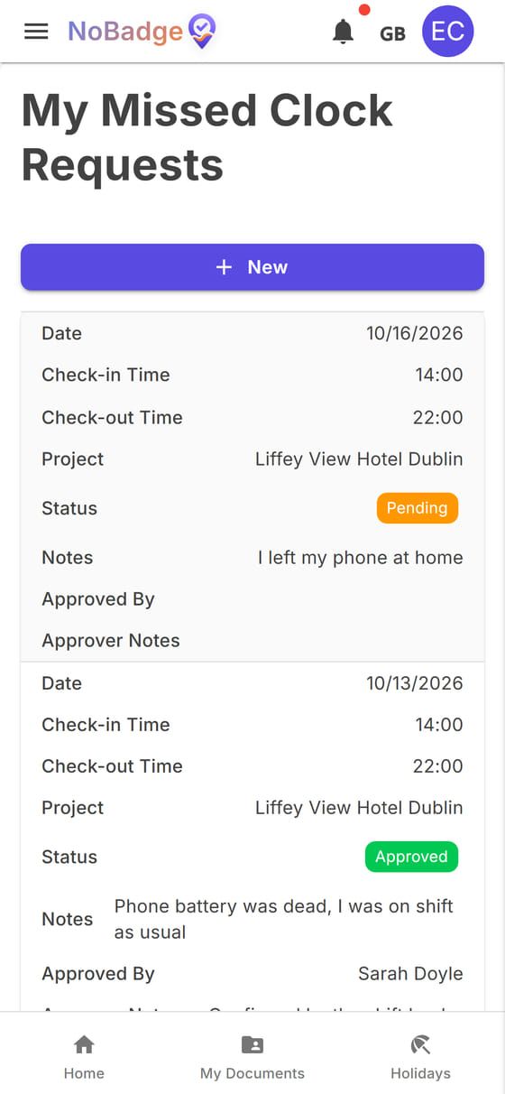My Missed Clock Requests: one pending and one approved