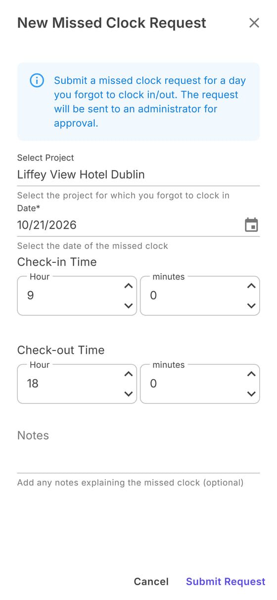 New missed clock request: workplace, date, times and notes