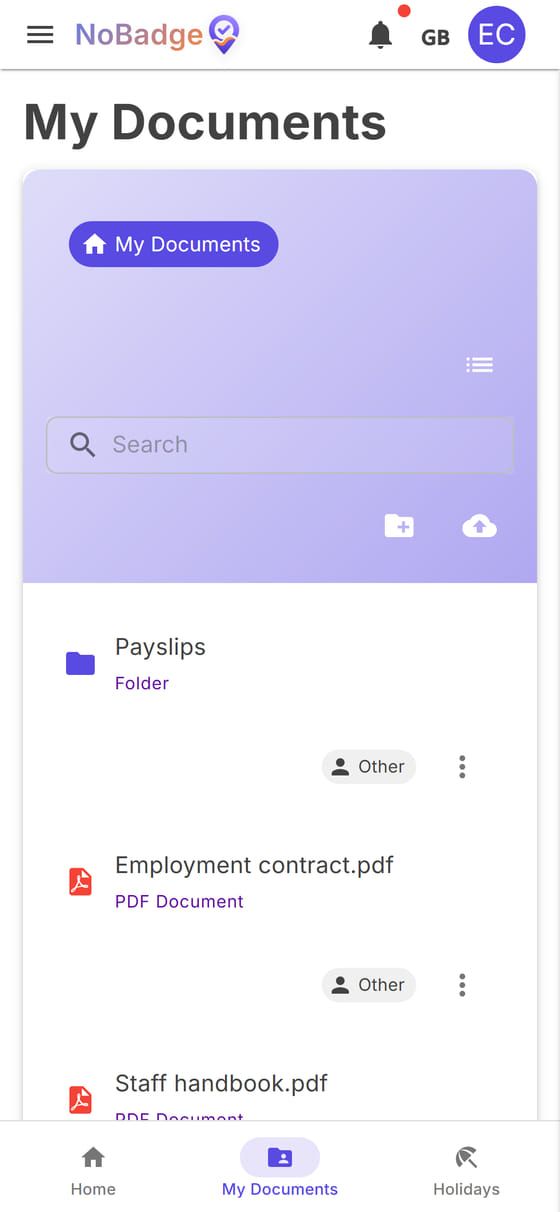 My Documents with the Payslips folder, the contract and the handbook