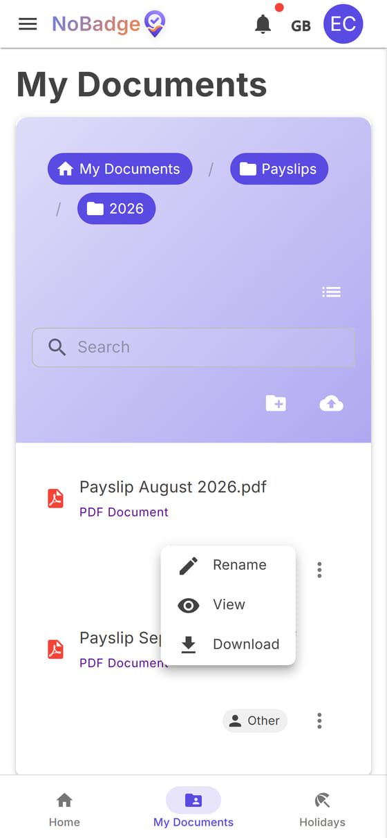 The Payslips 2026 folder with a file's menu: Rename, View, Download