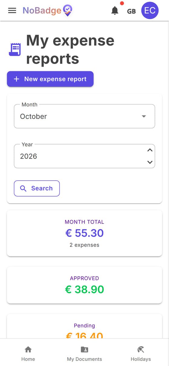 My expense reports for October: total, approved and pending