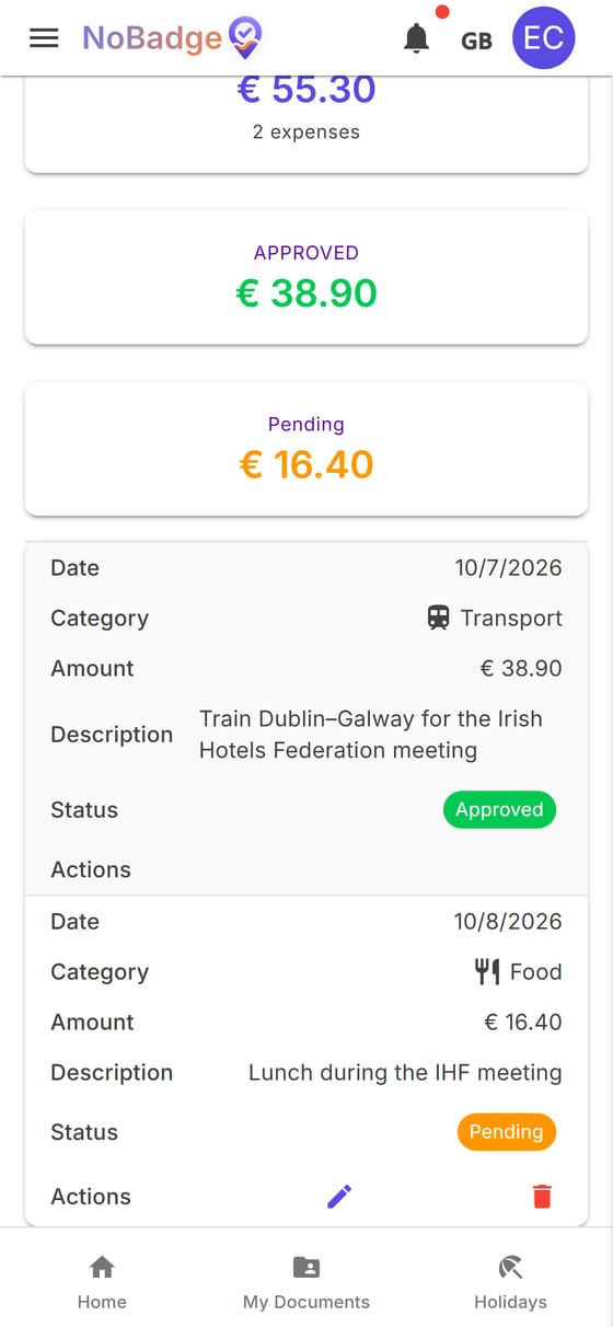List of expense reports: approved train ticket, pending lunch