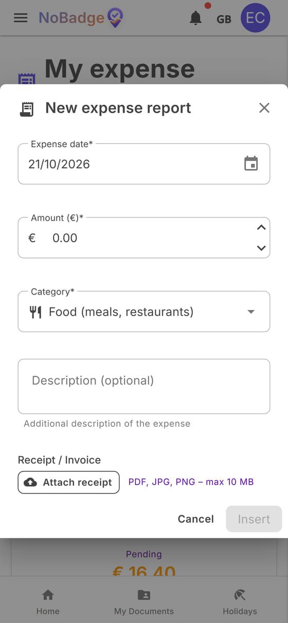 New expense report window with date, amount, category and Attach receipt