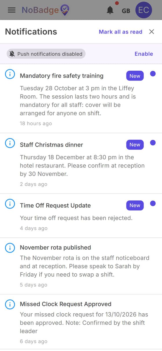 Notifications panel with approved and rejected requests and new announcements
