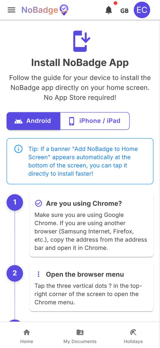 Install NoBadge page with the guides for Android and iPhone
