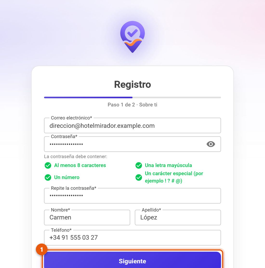 Registro, primer paso: correo, contraseña, nombre, apellidos y teléfono