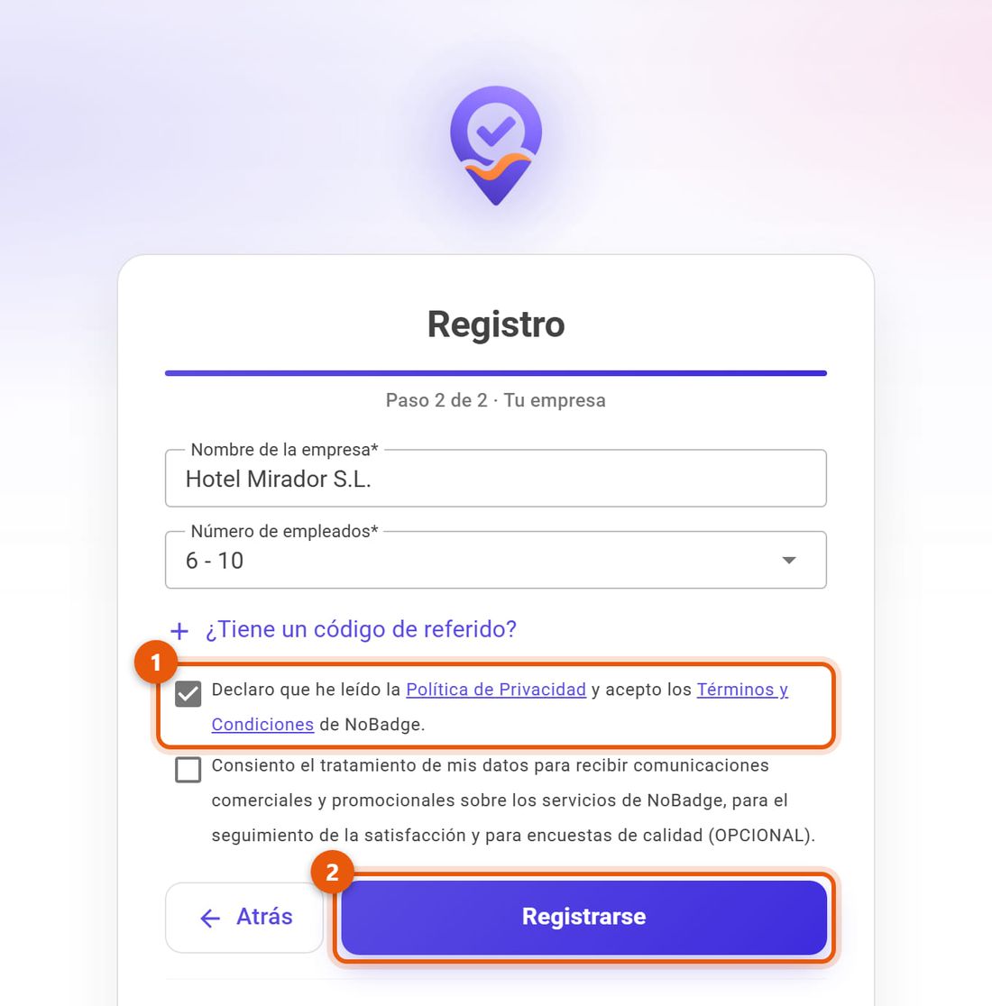 Registro, segundo paso: nombre de la empresa, número de empleados, consentimientos y Registrarse