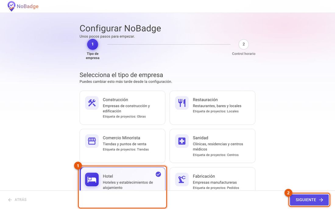Configurar NoBadge, paso Tipo de empresa, con la tarjeta Hotel elegida