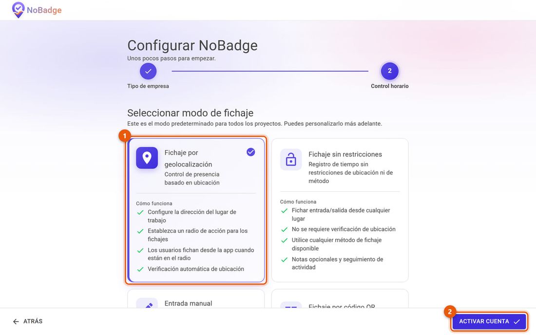 Paso Control de Fichajes con el Fichaje por geolocalización elegido y Activar cuenta