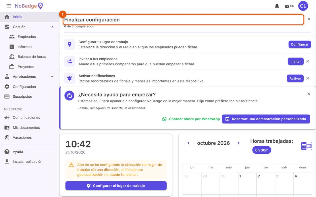 Inicio de una empresa recién registrada con la lista Finalizar configuración