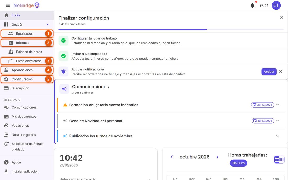 Inicio del administrador con Empleados, Informes, Establecimientos, Aprobaciones y Configuración destacados