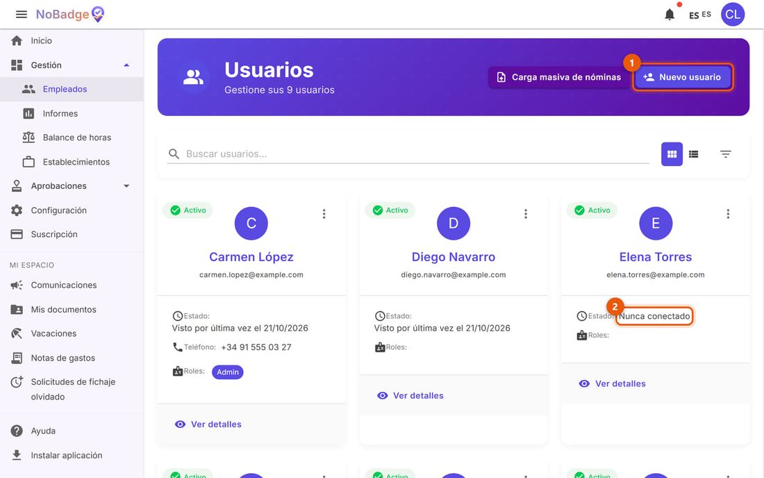 Lista de Usuarios con el botón Nuevo usuario y una persona que nunca se ha conectado