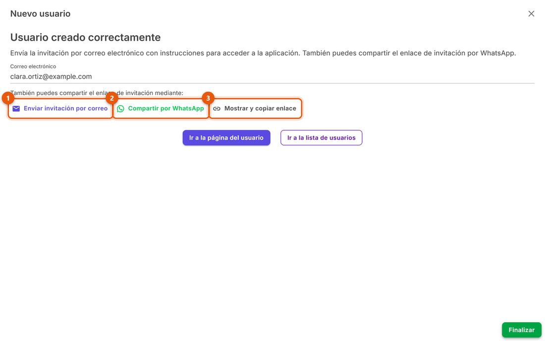 Último paso: Enviar invitación por correo, Compartir por WhatsApp, Mostrar y copiar enlace