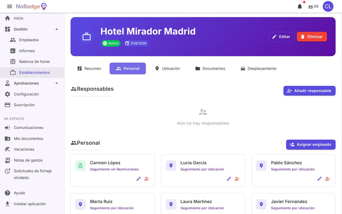 Pestaña Personal del centro con Añadir responsable, Asignar empleado y las personas asignadas
