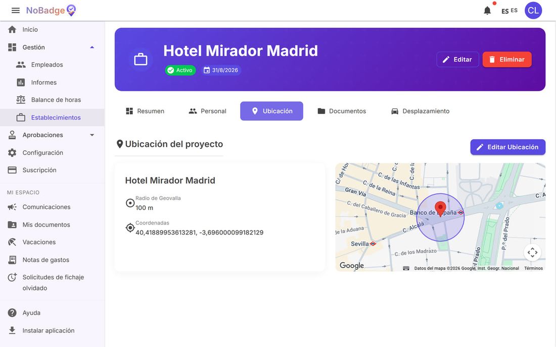 Pestaña Ubicación: radio de 100 metros, coordenadas y mapa con la zona de fichaje