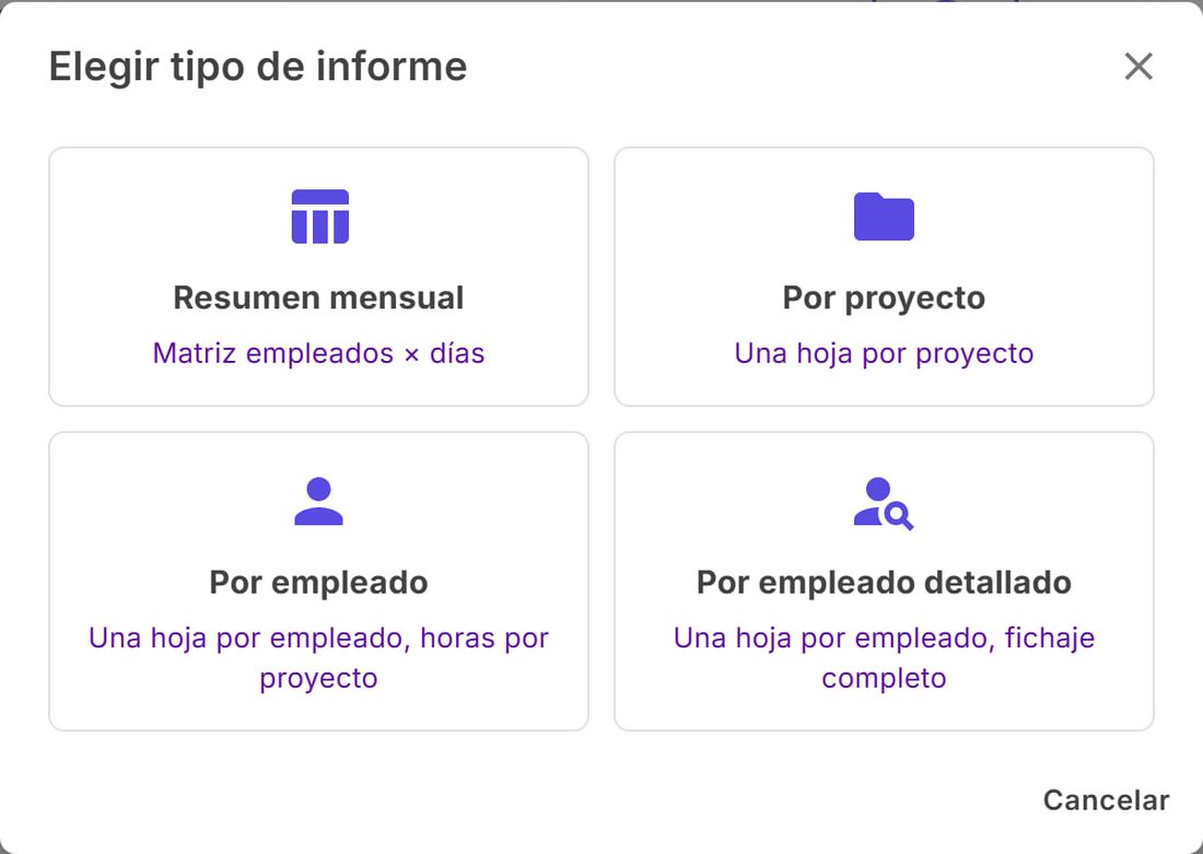 Ventana Elegir tipo de informe con los cuatro formatos Excel