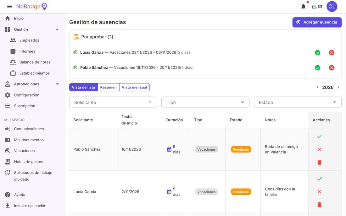 Gestión de Vacaciones con dos solicitudes por aprobar y el historial