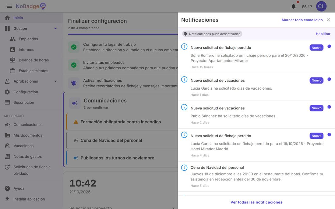 Panel de Notificaciones con solicitudes de vacaciones y de fichajes olvidados