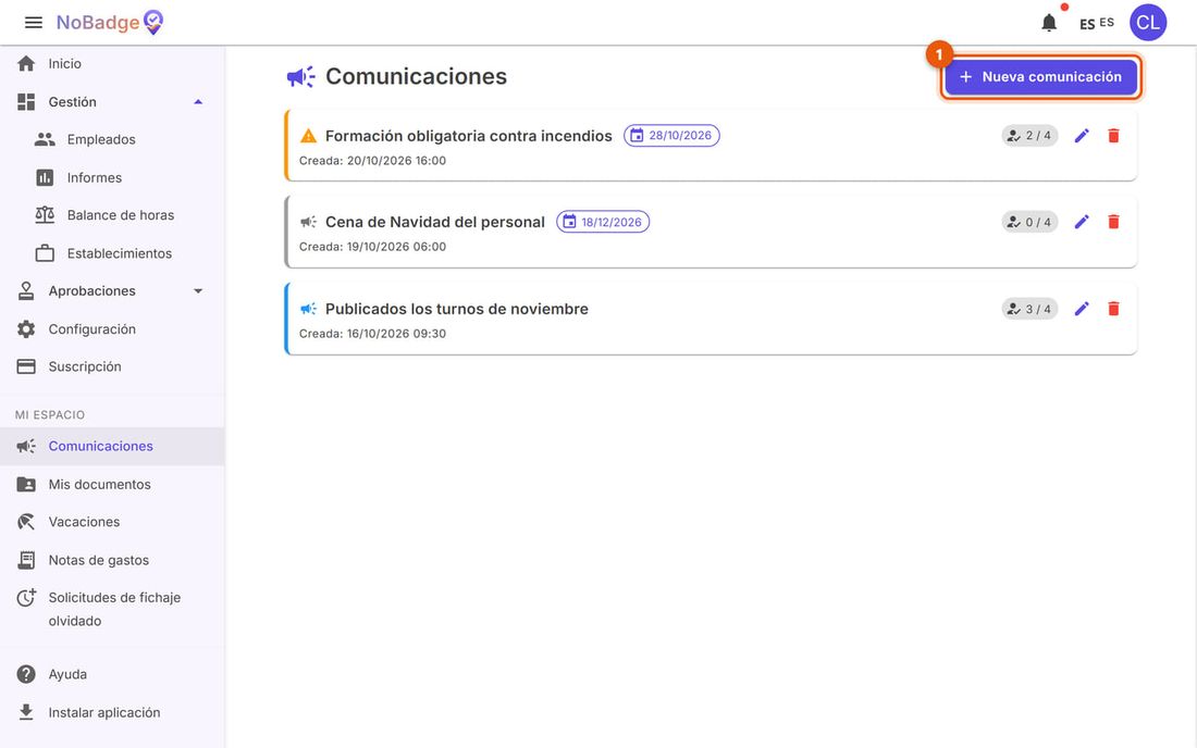 Comunicaciones del administrador con el botón Nueva comunicación y las confirmaciones de lectura