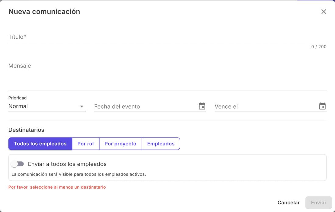 Ventana Nueva comunicación con título, mensaje, prioridad, fechas y destinatarios