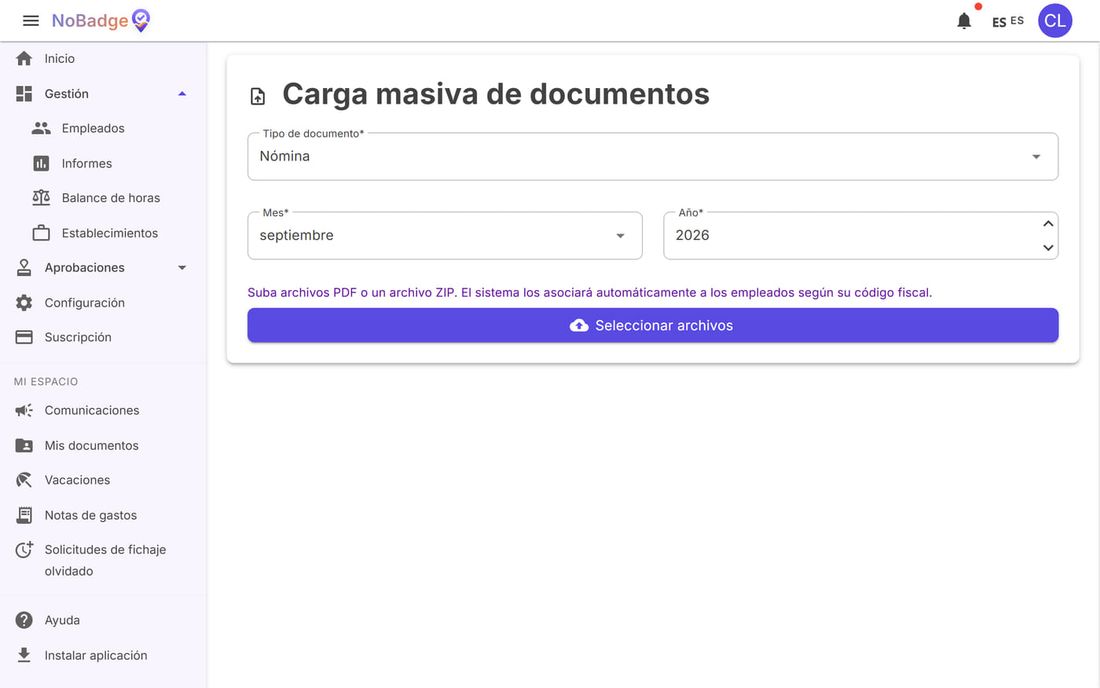 Carga masiva de documentos: tipo, mes, año y Seleccionar archivos