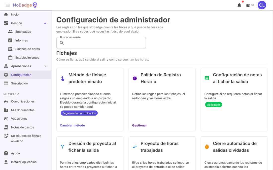 Configuración de administrador, sección Fichajes